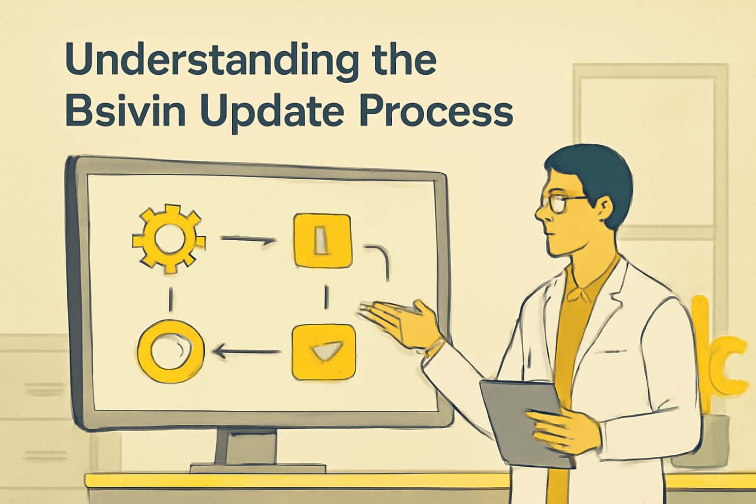 An informative scene illustrating the Bswin update process with vibrant colors.