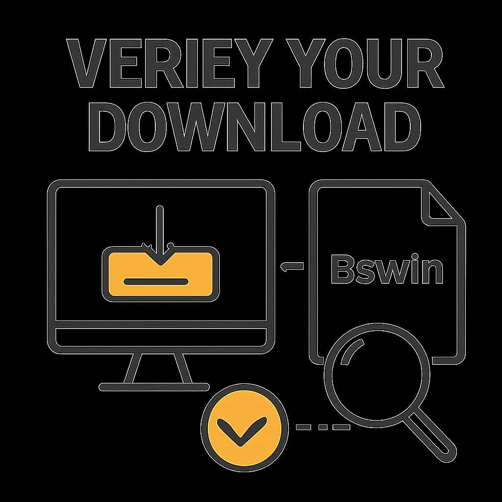 An educational diagram explaining the steps to verify the Bswin download.